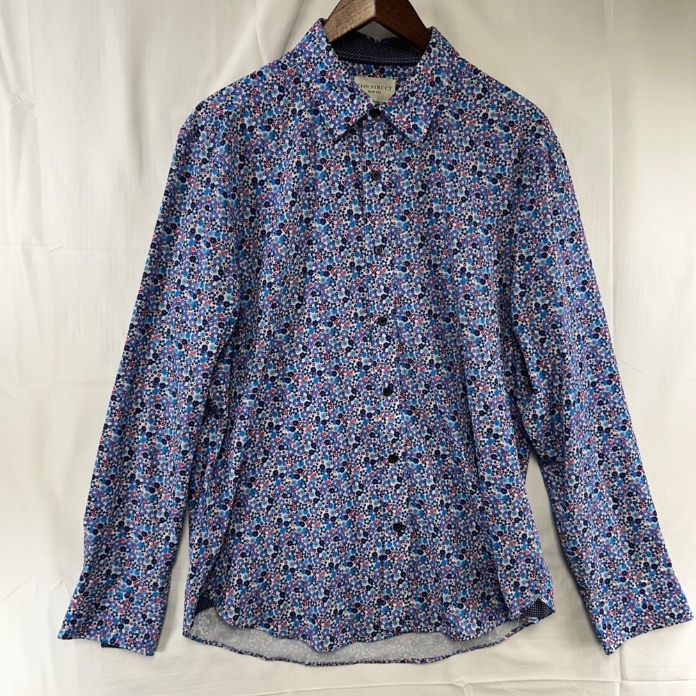 Con.Struct Button Up Shirt Mens Large Blue Floral Slim Fit 4-Way Stretch